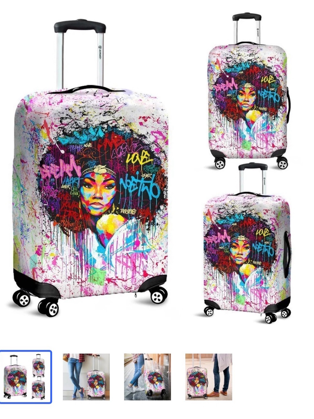 Vibrant Graffiti Afro Woman Luggage Cover - White Multicolor